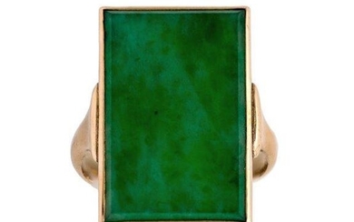 A jadeite jade ring, of plaque design set with a rectangular jadeite jade plaque weighing approximately 12.50 carats, ring size J. Accompanied by a Gemmological Certification Service GCS report 5782-1396, dated 30.03.2022, stating that the jadeite...
