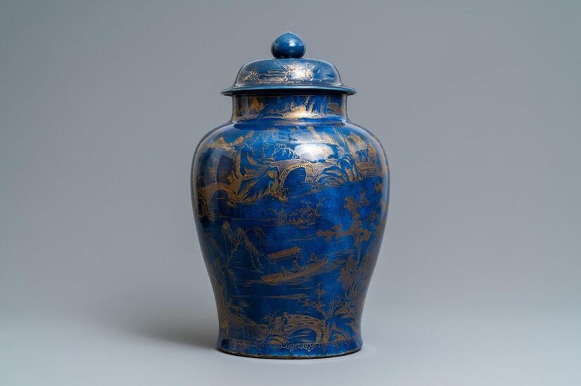 A large Chinese monochrome powder blue and gilt...