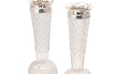 A large pair of cut glass vases with silver rims, Birm 1899,...