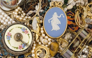 A large quantity of miscellaneous costume jewellery and other items, including: a gilt mounted Wedgewood pendant; a pair of early 20th century opera glasses with mother-of-pearl decoration; a silver hinged bangle; an early 20th century miser's...