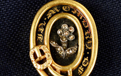 A late 19th century 15ct gold, rose-cut diamond forget-me-not and black enamel 'In Memory Of' garter belt memorial brooch.