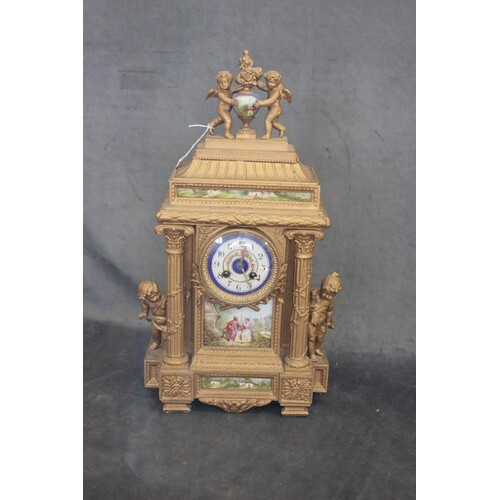 A late 19th century gilt painted spelter mantel clock, with ...