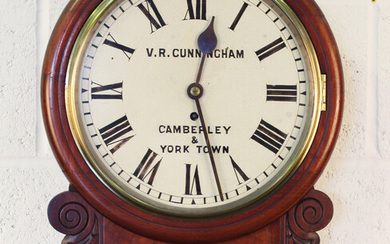 A late Victorian mahogany drop dial wall timepiece with eight day single fusee movement, the painted