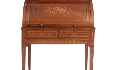 A mahogany, banded and marquetry cylinder bureau in Louis XV...