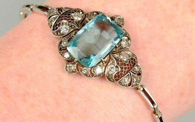 A mid 20th century silver and gold aquamarine, single and brilliant-cut diamond bracelet.