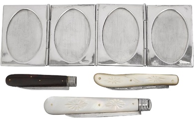 A modern silver pocket photograph frame + three folding fruit knives