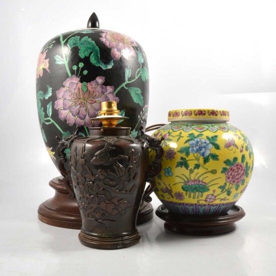 A modern yellow ground famille rose jar, famille noir vase