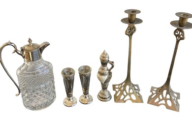 A pair of Art Nouveau brass candlesticks, height 36cm, a...