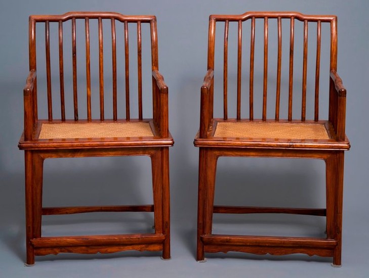 A pair of Chinese huanghuali wood chairs, Republic...