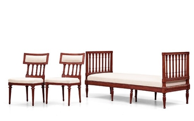A pair of chairs and a sofa by Ephraim Ståhl (master in Stockholm 1794-1820), late Gustavian ca 1800.