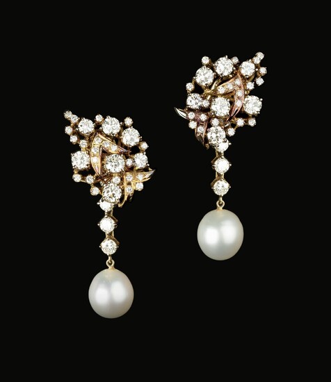 A pair of cultured pearl and diamond ear pendants