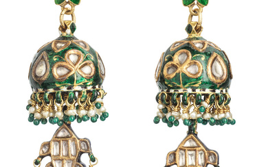 A pair of gem-set enamelled gold earrings North India, 18th/...