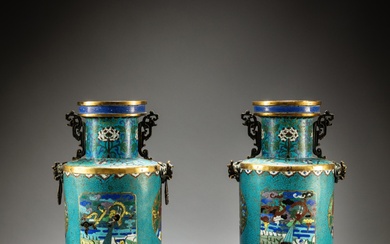 A pair of gilt-bronze and cloisonné enamel rouleau vases, Qing...