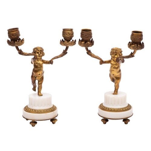 A pair of late 19th century ormolu and white marble figural ...