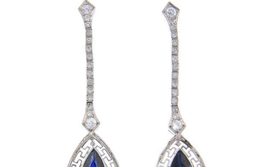 A pair of sapphire and diamond drop earrings.