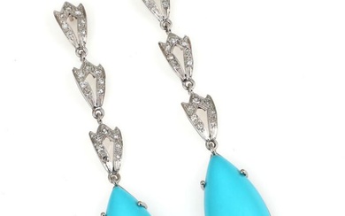 A pair of turquoise and diamond ear pendants each set with a...
