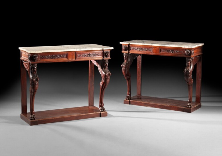 A paire of Empire style mahogany consoles, late 19th century | Paire de consoles en acajou de style Empire, fin du XIXème siècle