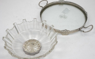 A pewter mounted glass tray, of circular...
