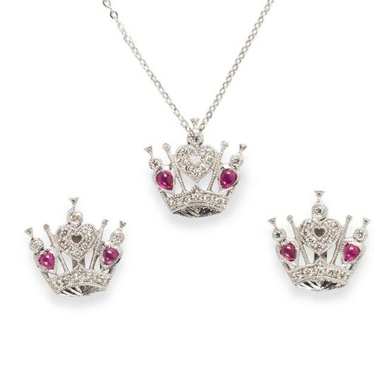 A ruby and diamond earring and pendant necklace suite