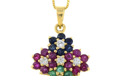 A ruby, sapphire, emerald and colourless gem cluster pendant, with chain.