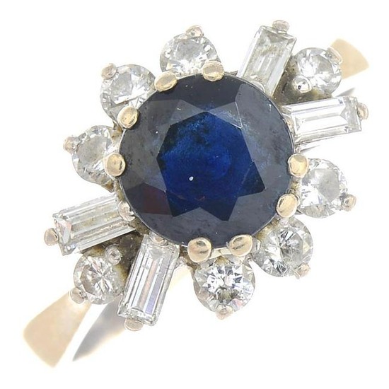 A sapphire and diamond cluster ring.Sapphire calculated