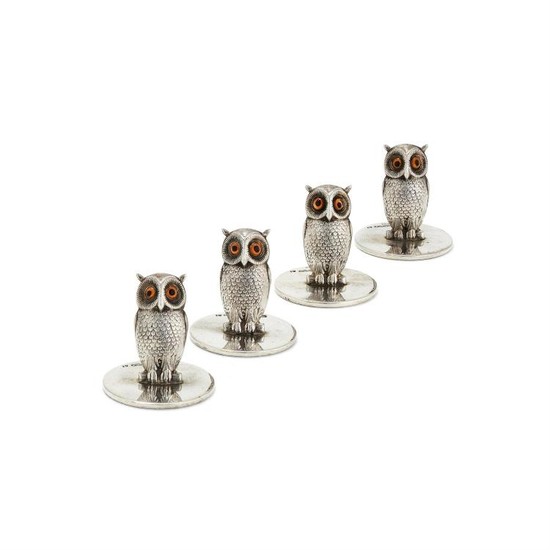 A set of four silver novelty owl menu or place name holders by Sampson Mordan & Co.