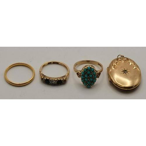 A small group of gold jewellery comprising a 22 carat gold w...