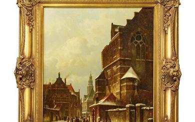 A winterly street scene in front of a church, 19th