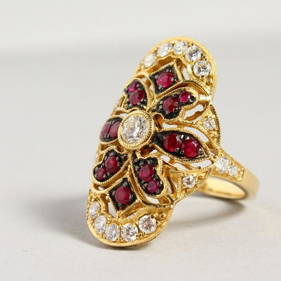 AN 18CT YELLOW GOLD, RUBY AND DIAMOND RING, in the Art