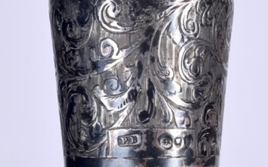 AN ANTIQUE SILVER TOP WALKING CANE, decorated with