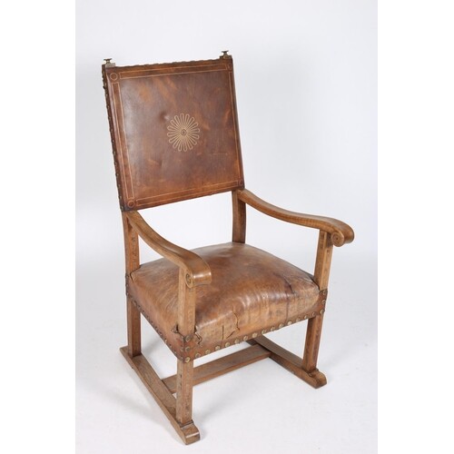 AN ARTS AND CRAFTS ASH AND WALNUT INLAID ARMCHAIR with hide ...