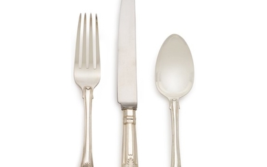 AN ASSEMBLED GEORGE IV AND VICTORIAN SILVER KINGS PATTERN FLATWARE SERVICE, MOST ROBERT RUTLAND AND GEORGE ADAMS, LONDON, 1824-1890