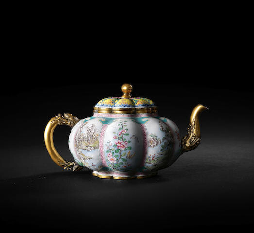 AN EXCEPTIONALLY RARE AND IMPORTANT IMPERIAL BEIJING ENAMEL MELON-SHAPED TEAPOT AND COVER