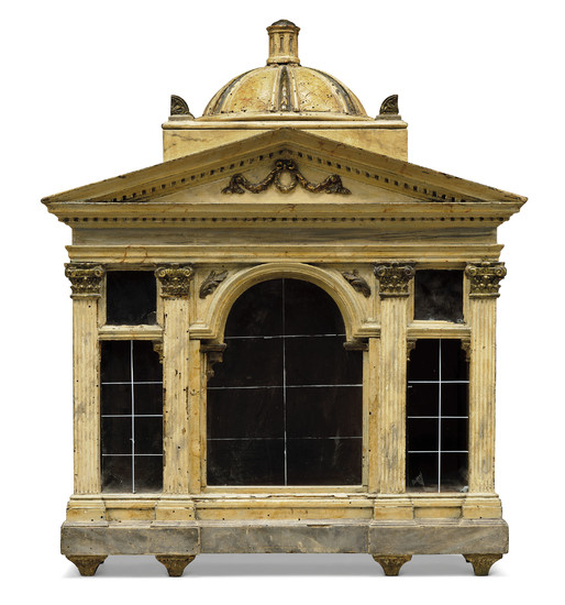 AN ITALIAN PARCEL-GILT, POLYCHROME-PAINTED AND MARBLED MODEL OF A TEMPLE, 18TH CENTURY