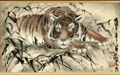 CHINESE INK & GOUACHE ON PAPER, H 14.5", L 25", TIGER