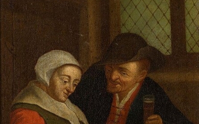 After Adriaen Jansz. van Ostade, Dutch 1610-1685- A peasant courting an elderly woman; oil on canvas, 27.4 x 22.5 cm. Note: A late 18th-century oil after the original by van Ostade, dated 1653 and of similar dimensions, held in the National...