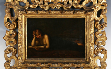 After Allegri Antonio, called Correggio - Mary Magdalene reading, 18th century oil on panel, label a