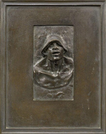 After Constantin Meunier, Belgian, 1831-1905, a bronze relief, entitled Le Puddleur, with cast signature C Meunier, inset in a bronze frame with cast monogram to the reverse, 33 x 26cm overall Note: Born in Brussels, Constantin Meunier was a...