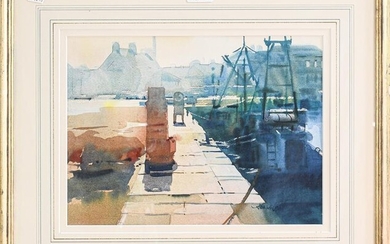 Alexander Creswell, 'The Quayside, St Vaast, Normandy' signed watercolour, 27cm...