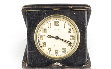 American Elgin 8 Day Travel Clock Keystone case body Gilt silveroid Leather case