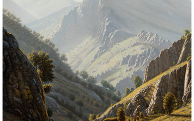 American School (20th Century), Verdant landscape with rocky mountain range