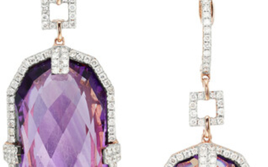 Amethyst, Diamond, Rose Gold Earrings, M. Christoff The pendant...