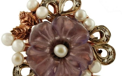 Amethyst Flower, Diamonds, Pearls, 9k Rose gold and