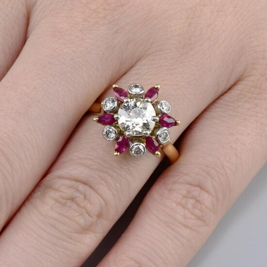 An 18ct gold old-cut diamond, ruby and brilliant-cut