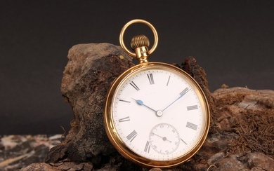 An 18ct gold open face pocket watch, white enamel dial, Roma...