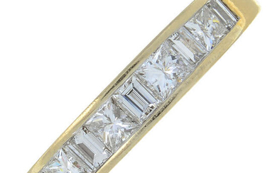 An 18ct gold square-shape and baguette-cut diamond half eternity ring.
