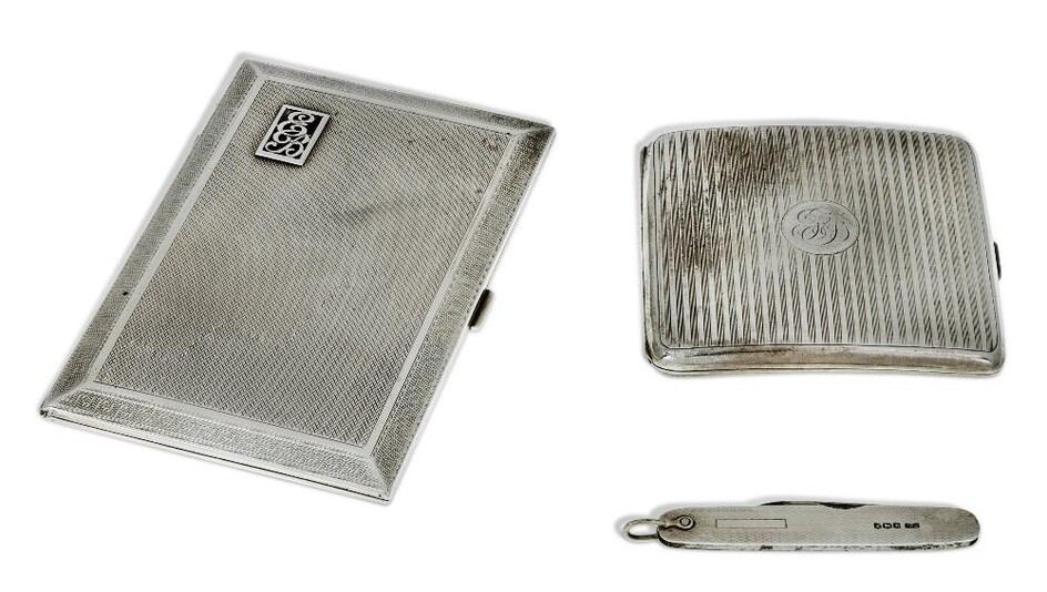 An Art Deco silver cigarette case, by Asprey, Chester, 1927, designed with geometric border to engine turned body, initialled 'EB' to front, 8.4 x 12.5cm; together with a smaller silver cigarette case with striated pattern to body, Birmingham...