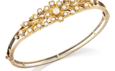 An Edwardian gold seed pearl and half-pearl hinged bangle, with...