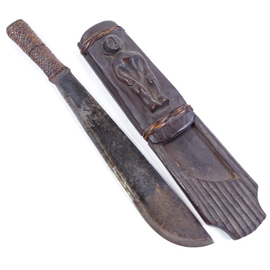 An Ethnic knife, with rattan-bound grip, original wood scabb...