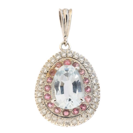 An aquamarine, sapphire and diamond pendant